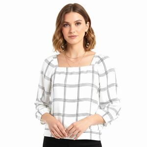 By & By Square Neck White Black Plaid Puff Sleeve Blouse Small
